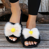 Round Toe Fur Bownot Flat Slippers Oshnow